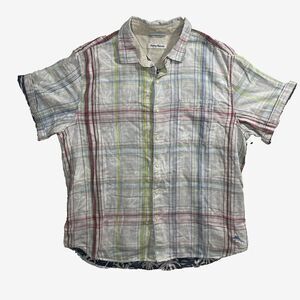 Tommy Bahama XL Short Sleeve Button Up Shirt Blue White Palm Tree Tropical Print